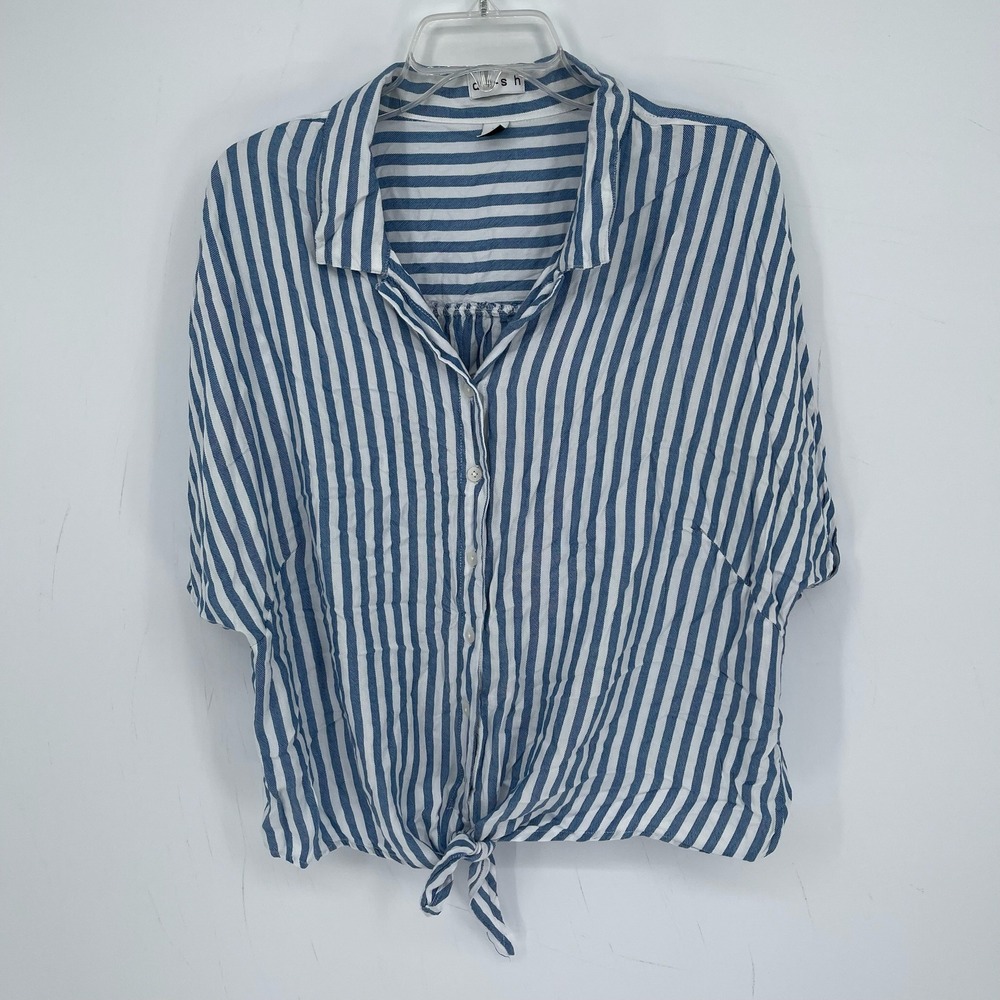 dash Women's Blue Striped Tie Front Short Sleeve Button Front Top Plus Size 1X